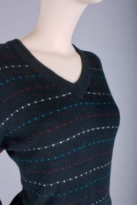 Vintage 1980s Black Spotted Knit Sweater Simple V Neck Thin Nerd Shirt by Forum | S/M - Fashionconservatory.com