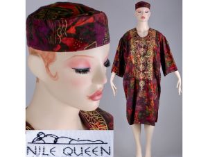 OS Vintage 90s Nile Queen Egyptian Ethnic Embroidered Caftan Dress Kufi Hat Set