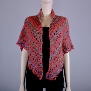 Vintage 90s Soft Pink Purple Knit Crochet Poncho Wrap Shrug Chevron Shawl - Fashionconservatory.com