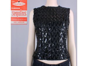 XS/S Deadstock NOS Vintage 1960s Black Sequin Fitted Top Sleeveless Shirt
