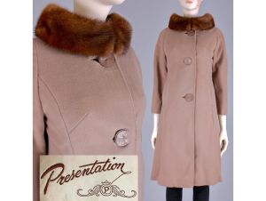 Vintage 1950s Tan Wool Stroller Coat Brown Mink Fur Portrait Collar |XS/S