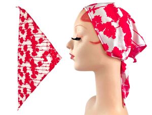 Vintage 1970s Red White Floral Vines Triangle Hair Scarf Bandanna 