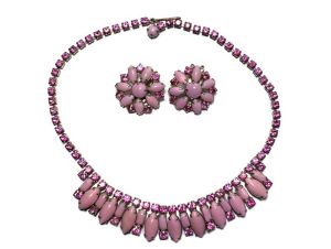 Vintage 1950s Pink Rhinestone Choker Necklace Clip Earrings Matching Set Rare