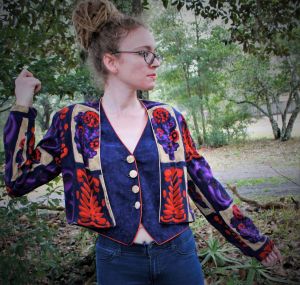 S-M/ Vintage Cropped Button Up Patchwork Jacket, Platinum by Dorothy Schoelen, One Piece Cardigan