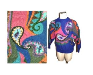 80s Bright Paisley Mohair & Angora Batwing Sweater | Royal Blue with Multi Color Metallic | S/M