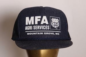 1970s Denim Style Blue & White MFA Agri Services Mountain Grove Missouri Trucker Hat Ball Cap