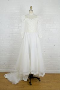 1980s Victorian style sequined lace wedding gown with puff sleeves and train . xsmall pettite - Fashionconservatory.com