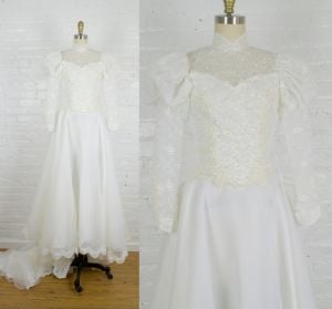 1980s Victorian style sequined lace wedding gown with puff sleeves and train . xsmall pettite