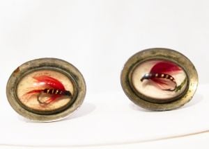 Fly Fishing Cufflinks - 1950s Men's Cuff Links - 50s 60s Red Fish Hook Lure in Bubble Dome - Jewelry