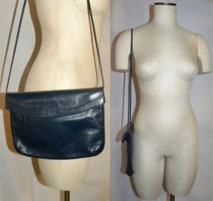 70's 80's Anne Klein for Calderon Blue Leather Shoulder Bag with Lion Logo | 11'' x 8.5'' x 1''