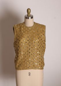 1950s Gold Sequin Sleeveless Wool Zip Up Back Blouse by Made in British Hong Kong - L - Fashionconservatory.com