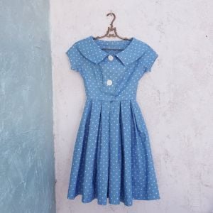 1950s Blue Dress, XXS, Polka Dot Dress, Dolly Dress, White Collar Dress