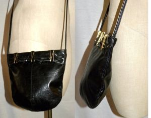 70's 80s Black Italian Leather Shoulder Bag Pouch with Gold Accents by Lola Italy | 9'' x 9'' x 2''