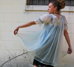 M/ Vintage Sheer Blue Nightgown, Gotham Lingerie Babydoll Nighty, Sheer Mesh, Lace Trim, Puff Sleeve - Fashionconservatory.com