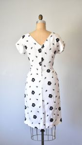 Ida white floral linen dress, vintage 1950s dress, floral, black and white summer dress - Fashionconservatory.com