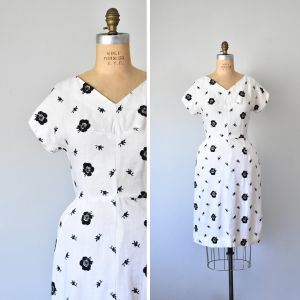 Ida white floral linen dress, vintage 1950s dress, floral, black and white summer dress