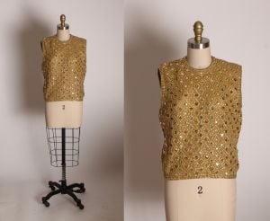 1950s Gold Sequin Sleeveless Wool Zip Up Back Blouse by Made in British Hong Kong - L