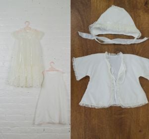 Vintage 1960s baby girl christening dress set . 60s white baby baptism gown set