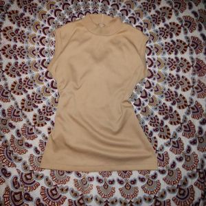 M/ 60s Vintage Nude Mod Tank Top, Tan Mock Neck Polyester Top, Sleeveless High Neck Shirt