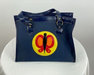 1960s 70s canvas tote bag with vinyl appliqued butterfly Made in Japan - Fashionconservatory.com
