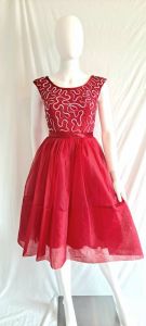 1960s Cherry Red Tulle Party Dress With Sequin Trimmed Bodice Crinoline Sheer Tulle Satin