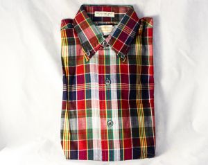 Size 12 Boy's Shirt - 1950s Red Green Navy Plaid Cotton Oxford Preppy Top Child's Long Sleeve Autumn