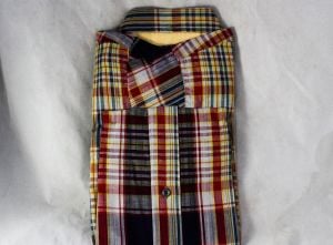 Size 12 Boy's Shirt - 1950s Red Navy Madras Plaid Cotton Oxford Preppy Top - Child's Long Sleeve - Fashionconservatory.com