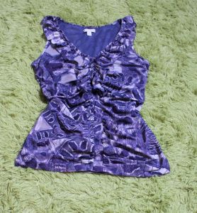 M/ 90's Vintage Sheer Lined Tank Top, Grey Blue and Purple Abstract Print Blouse, Ruffed Collar