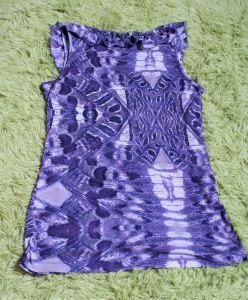 M/ 90's Vintage Sheer Lined Tank Top, Grey Blue and Purple Abstract Print Blouse, Ruffed Collar - Fashionconservatory.com