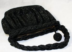 Black Beaded Evening Bag circa 1938 - Heavy Caviar Beadwork 40's Formal Purse - Braided Draped Strap - Fashionconservatory.com