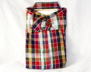 Size 12 Boy's Shirt - 1950s Red Green Navy Plaid Cotton Oxford Preppy Top Child's Long Sleeve Autumn - Fashionconservatory.com