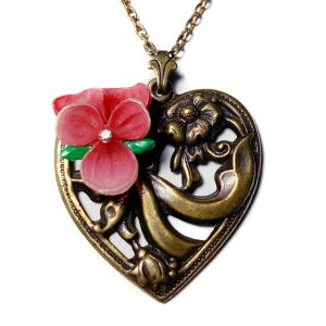 Vintage Antique 1920s Art Nouveau Brass Heart Celluloid Orchid Necklace Pendant