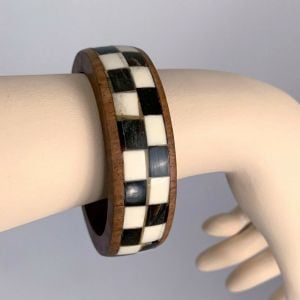 Vintage Wood Bone Checkered Inlay Bangle Bracelet Pin Up Thick Bohemian Tiki - Fashionconservatory.com