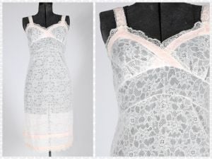 1950s Vintage Lace Slip with Pink Trim Gown by Gillium| Size Small to Medium - 34'' 