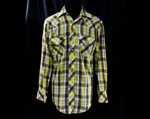 Men's Small Western Shirt - 1970s 80s Yellow Plaid Cotton Cowboy Shirt - Mens Rockabilly - Summer