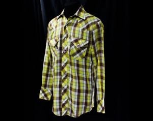 Men's Small Western Shirt - 1970s 80s Yellow Plaid Cotton Cowboy Shirt - Mens Rockabilly - Summer - Fashionconservatory.com