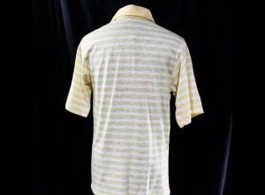 Men's XXS Polo Shirt - 1970s 80s Striped Summer Top - Apricot Peach White Nubby Faux Linen Knit - Fashionconservatory.com