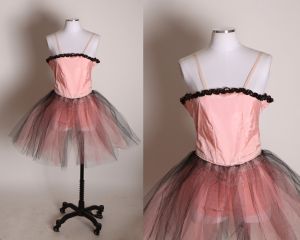 1950s Pink and Black Stretch Elastic Strap Tulle Ballerina Showgirl Burlesque Tutu Costume - XXS