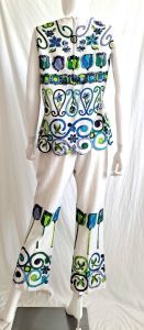 1960s Mr Dino Two Piece Lurex Floral Psychedelic Print Hostess Outfit Capri Cropped Pant - Fashionconservatory.com