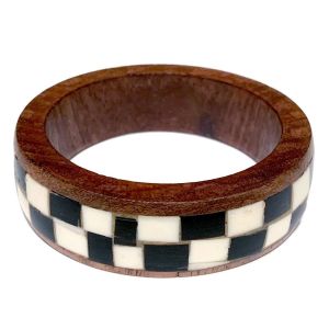 Vintage Wood Bone Checkered Inlay Bangle Bracelet Pin Up Thick Bohemian Tiki