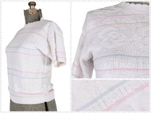 Vintage 1980s White Pastel Rose Short Sleeve Sweater  | M/L