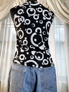 M/ 90’s Black and White Abstract Tank Top, Geometric Circle Print Blouse with Cowl Neck, Slinky - Fashionconservatory.com