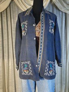 L/ Men’s Vintage 70’s Tribal Denim Shirt, Aztec Bird Embroidery, Lightweight Dark Blue Plaid Denim J