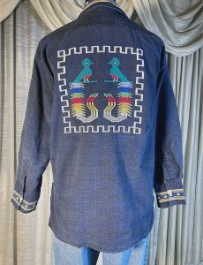 L/ Men’s Vintage 70’s Tribal Denim Shirt, Aztec Bird Embroidery, Lightweight Dark Blue Plaid Denim J - Fashionconservatory.com
