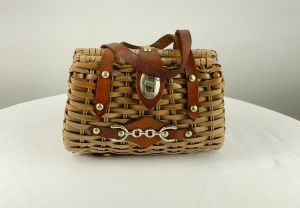 1960s small wicker handbag with leather straps preppy child purse - Fashionconservatory.com