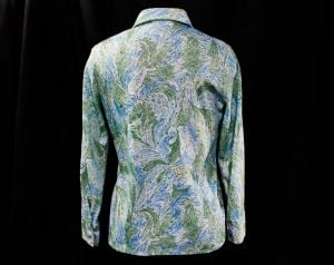 1970s Knit Shirt - Blue Green Flourish Print Polyester - Long Sleeve Casual 70s Top - Small Size 6  - Fashionconservatory.com