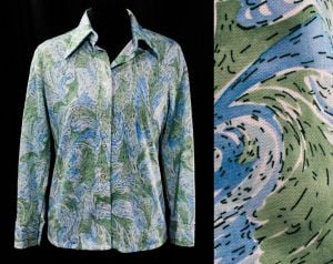 1970s Knit Shirt - Blue Green Flourish Print Polyester - Long Sleeve Casual 70s Top - Small Size 6 