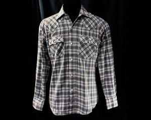 Big E Levi's Western Shirt - Men's XS Long Sleeve Cowboy Shirt - 1970s 80s Brown Blue Plaid Cotton