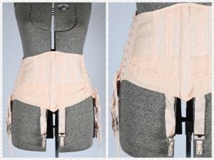 Mid 1930s - Mid 1940s Vintage Steel Boned Peach Corset w/Side Tie Garters | Size L/XL - 31-35'' Waist