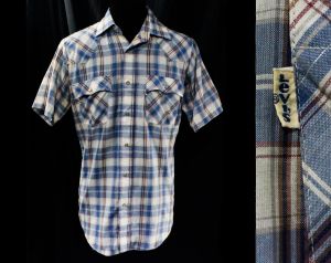 1970s Levi's Western Shirt - Men's Small Short Sleeve Cowboy Shirt 1970s 80s Blue Silver White Plaid